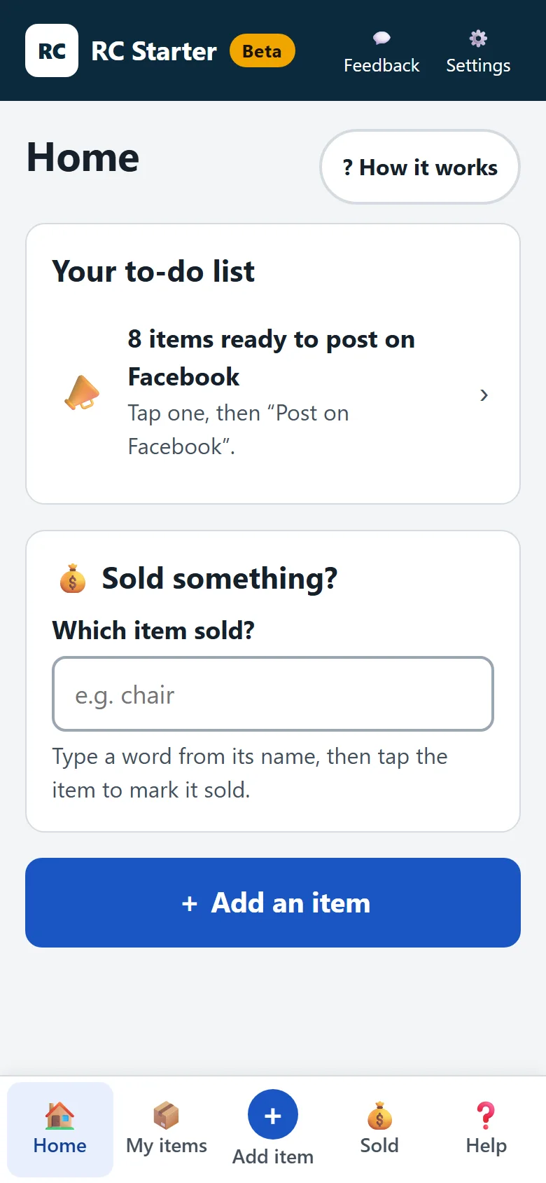 RC Starter home screen with a to-do list, a Sold something? search and an Add an item button