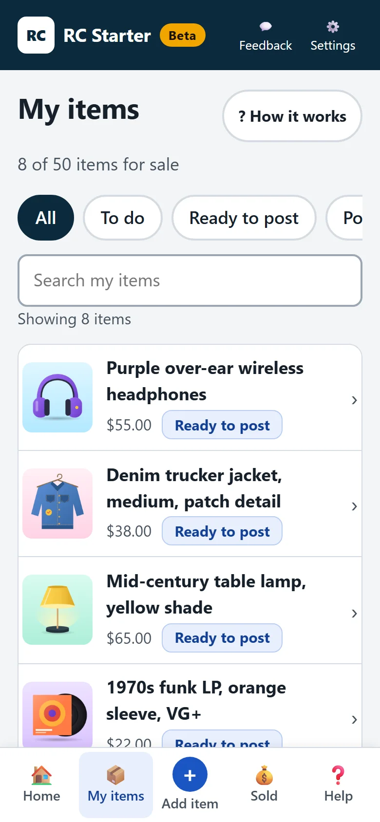 My items screen listing headphones, a denim jacket, a lamp and a record, each with a photo and price