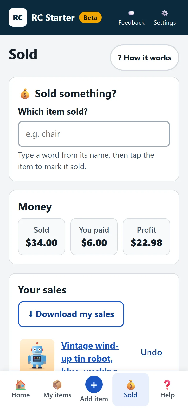 Sold screen showing $34 sold, $6 paid and $22.98 profit